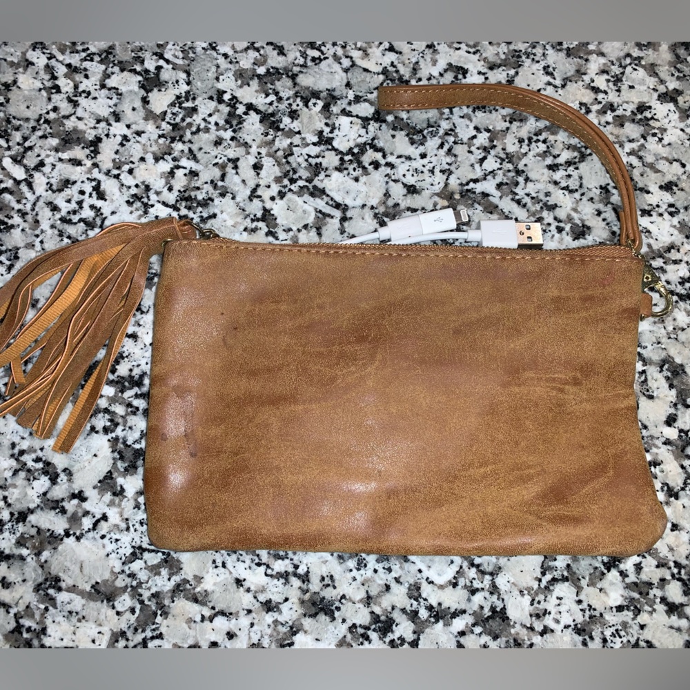 Cognac faux leather phone charging wristlet purse